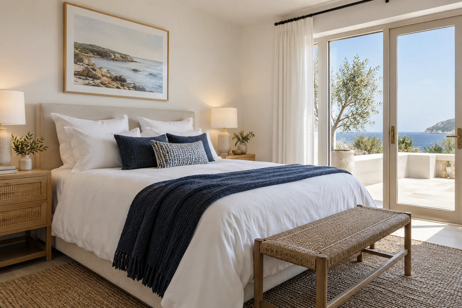Illustrative guest bedroom with white linens and navy accents.